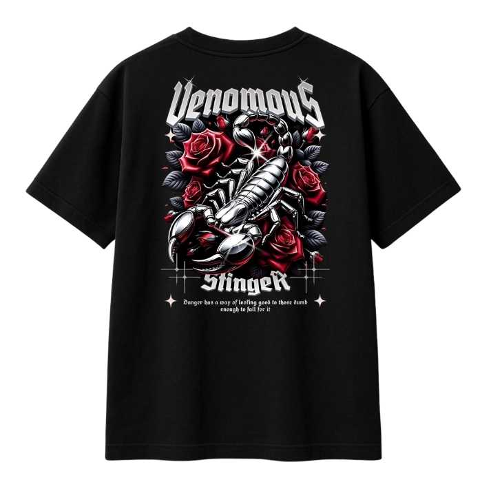 Venomous Stinger Akrep ve Gül Desenli Oversize T-shirt